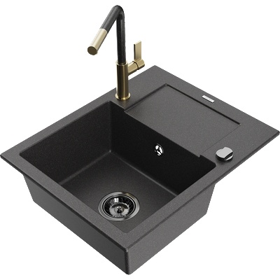 Mexen Enzo кухненска мивка от гранит с 1 отделение и отцедник и кухненски смесител Flora, черен с пръски - 6506-76-670401-75-B (6506-76-670401-75-B)