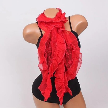 Image 1 of Дантелен шал в червено с къдрици и цветенца