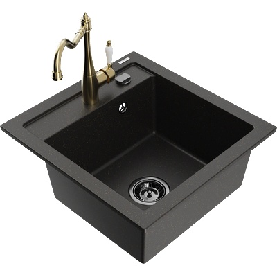 Mexen Vito гранитна кухненска мивка с 1 отделение с кухненски смесител Carla, черен/златен металик - 6503-75-670700-50-B (6503-75-670700-50-B)