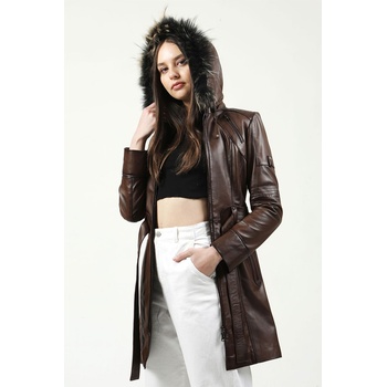 Jacket Club Дамски шлифер от естествена кожа yb-2334 - Кафяв #318020 (318020_Кафяво)