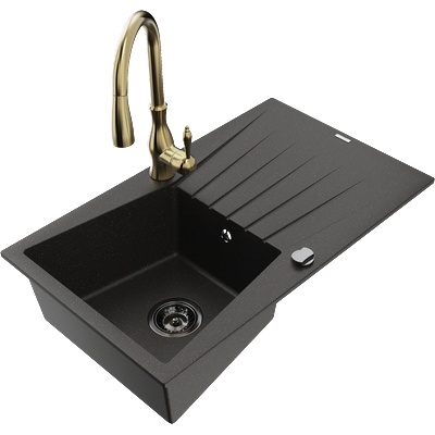 Mexen Cesar мивка от гранит с 1 камера с отцедник и кухненски смесител Savita, черен/златен металик - 6514-75-672601-50-B (6514-75-672601-50-B)