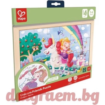 Hape Дървен пъзел hape e1642 - 24 части - Еднорог и приятели (h1642)