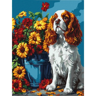 Ideyka Maľovanie podľa čísel Kokeršpaniel a kvety art_selena_ua 30 x 40 cm