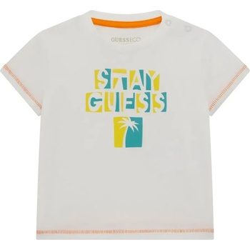 GUESS Бяла тениска с жълто-тюркоазен надпис Stay Guess за бебе момче