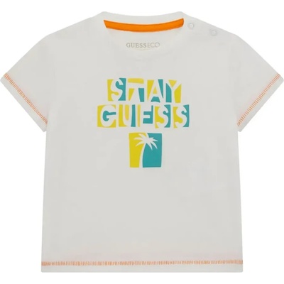 GUESS Бяла тениска с жълто-тюркоазен надпис Stay Guess за бебе момче