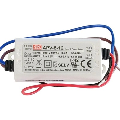 MEAN WELL APV-8-12 Napájecí zdroj: spínaný; LED; 8W; 12VDC; 0,67A; 90÷264VAC; IP42