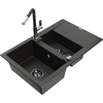 Mexen Gaspar гранитна мивка 1, 5-коморна с отцедник и кухненски смесител Flora, черен/златен - 6507-75-670401-07-B (6507-75-670401-07-B)