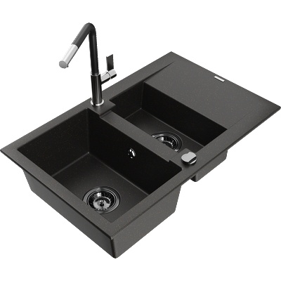 Mexen Gaspar гранитна мивка 1, 5-коморна с отцедник и кухненски смесител Flora, черен/златен - 6507-75-670401-07-B (6507-75-670401-07-B)