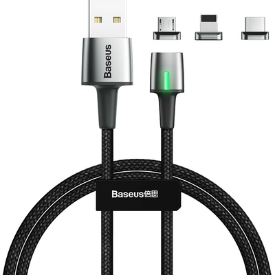 Baseus Zinc Magnetic Cable Kit - кабел с магнитни конектори за Apple продукти с Lightning, microUSB и USB-C (200 см) (черен)