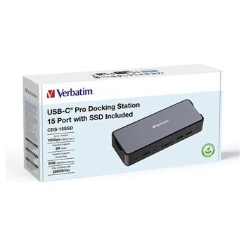 Verbatim 32174 докинг станция, USB-C Pro, 15-порт, 2x HDMI, RJ45, микро SD, USB-A 3.1, USB-C 3.1, сив (32174)