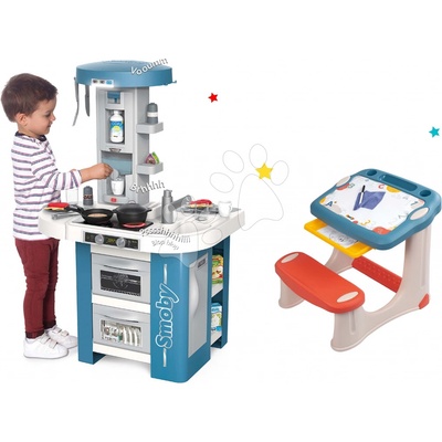 Smoby Set kuchynka s technickým vybavením Tech Edition elektronická s lavicou na kreslenie a písanie s vymaľovánkami