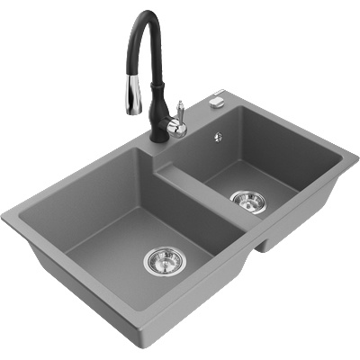 Mexen Tomas гранитна мивка с 2 камери с кухненски смесител Savita, сив - 6516-71-672601-70 (6516-71-672601-70)