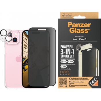 Panzer Стъклен протектор PanzerGlass за Apple iPhone 15 UWF Privacy Bundle (UWF Privacy screen protector, HardCase, протектор за камера)