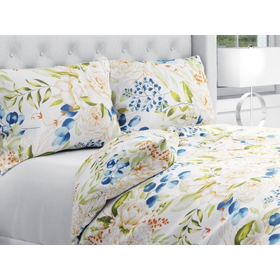 Biante bavlna obliečky Sandra SA-668 Kvety a modro-zelené listy na bielom 140x200 70x90