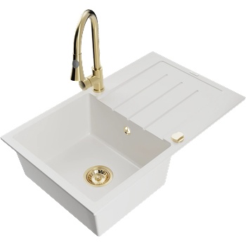 Mexen Bruno гранитна мивка с 1 отделение с отцедник и кухненски смесител Elia, бял - 6513-20-670101-50 (6513-20-670101-50)