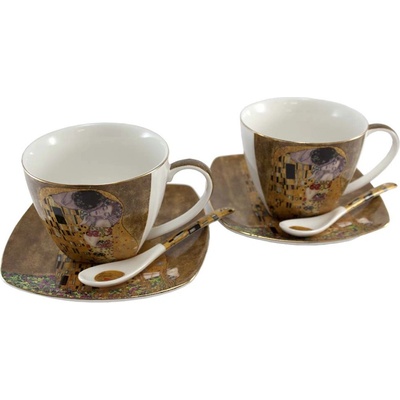 Home Elements Šálky s podšálky a lžičkami Klimt Polibek zlatý 2 x 250 ml