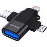 Techsuit - Премиум OTG адаптер SoundVoltX (A17) - 4в1, USB към Micro-USB + Type-C + Lightning, Plug and Play - Черен