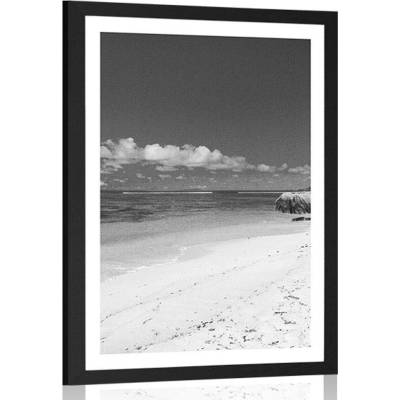Plakát s paspartou pláž Anse Source v černobílém provedení - 60x90 no frame
