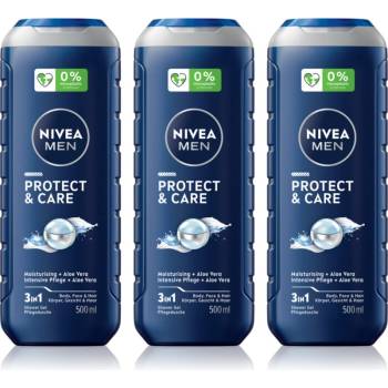 Nivea MEN Protect & Care душ-гел за мъже изгодна опаковка 3 x 500 ml