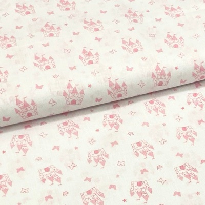 Bavlněné plátno P0662 bílé, růžový hrad, š.140