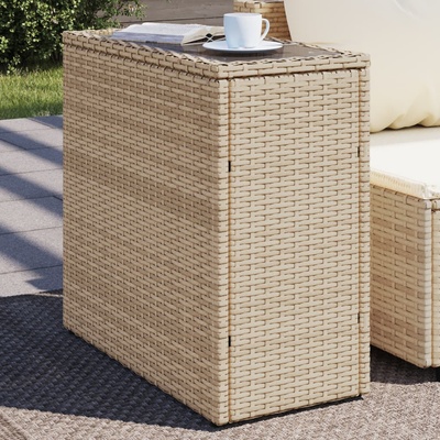 vidaXL Градинска маса със стъклен плот бежова 58x27, 5x55 см полиратан (366071)