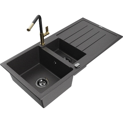 Mexen Andres гранитна мивка 1, 5-камерна с отцедник и кухненски смесител Flora, черен на пръски - 6515-76-670401-57-B (6515-76-670401-57-B)