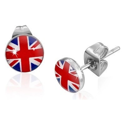 Šperky eshop puzetové náušnice z oceli hlavička s čirou glazurou britská vlajka SP48.25
