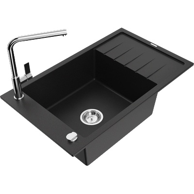Mexen Elias гранитна кухненска мивка с 1 корито, отцедник и кухненски смесител Flora, черен - 6511-77-670401-00 (6511-77-670401-00)