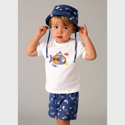 Mayoral Комплект трико принт с шапка bucket в тъмносиньо и бяла тениска за бебе момче Mayoral