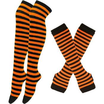 Image 1 of Комплект дълги чорапи и ръкавици на райе в черно и оранжево