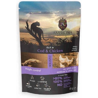 AMBROSIA Pouch Cat Adult Sterilized Cod Chicken Weight Control - пауч, пълноценна, балансирана мокра храна, идеална за възрастни и кастрирани котки, за поддържане на идеално тегло - 85 гр, Франция