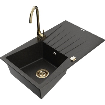 Mexen Cesar гранитна кухненска мивка 1-компонентна с отцедник и кухненски смесител Telma, черно/златно - 6514-75-670200-50 (6514-75-670200-50)