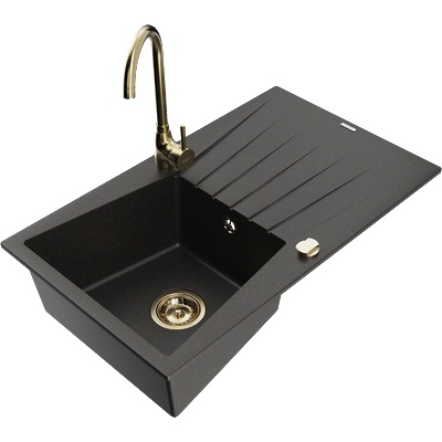 Mexen Cesar гранитна кухненска мивка 1-компонентна с отцедник и кухненски смесител Telma, черно/златно - 6514-75-670200-50 (6514-75-670200-50)
