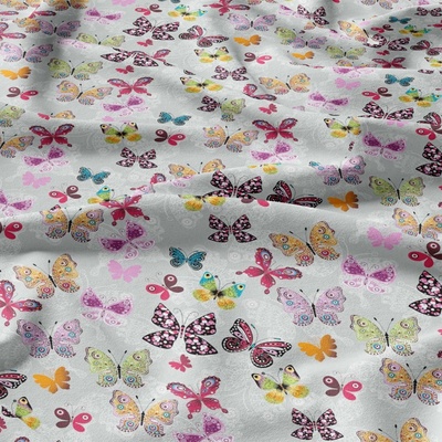 Bavlnená látka 22, vzor motýlikovia new na šedom podklade, metráž 160 cm