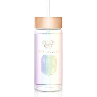 Crystallove Clear Quartz Straw Water Bottle skleněná láhev na vodu s brčkem Hologram 400 ml