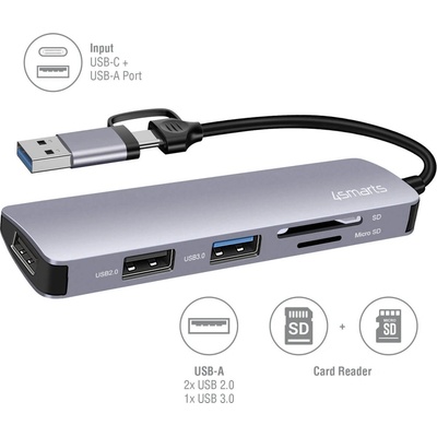 4smarts Мултифункционален хъб с USB-C и USB портове за свързване на допълнителна периферия - 4smarts 5in1 Multiport Hub (тъмносив) (469630)
