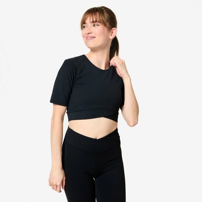 DECATHLON Dámske crop tričko s prekrížením na fitness čierne