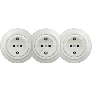 Kliklap - Тройна ретро домашна розетка с рамка SCHUKO 230V, керамична, бяла (KA0009B)
