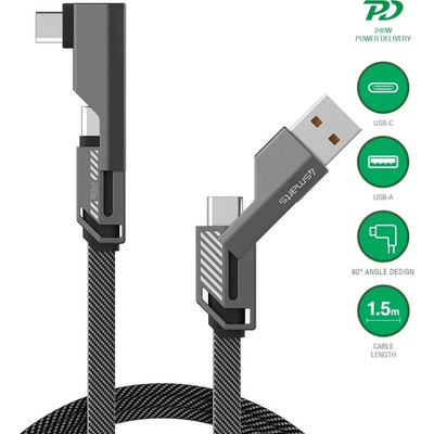 Качествен USB-C към USB-C кабел и USB-C към USB-C адаптер - 4smarts ComboCord Flat Right Angle USB-C to USB-C Adapter Cable 240W (тъмносив) (150 см) (541457)
