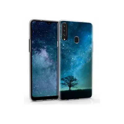 kwmobile Прозрачен калъф с дизайн дърво за Samsung Galaxy A20s - син