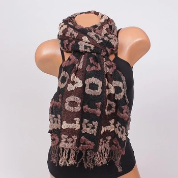 Image 1 of Раиран шал в кафяво и черно с ресни и ефектен надпис