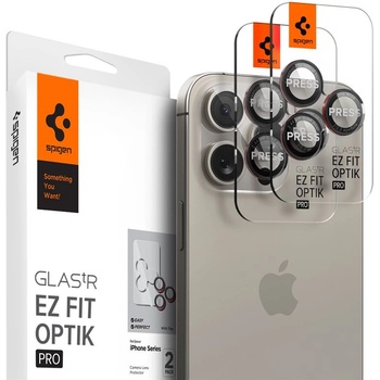 Spigen Glass tR EZ Fit Optik Pro Lens Protector 2 Pack - 2 комплекта предпазни стъклени лещи за камерата на iPhone 16 Pro, iPhone 16 Pro Max, iPhone 15 Pro, iPhone 15 Pro Max (черен-червен)