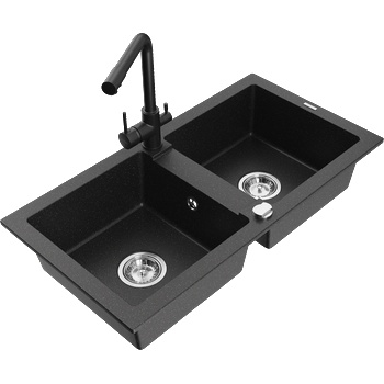 Mexen Mario двукоморна гранитна мивка с кухненски смесител Duero, черно/сребърен металик - 6504-73-671600-70 (6504-73-671600-70)