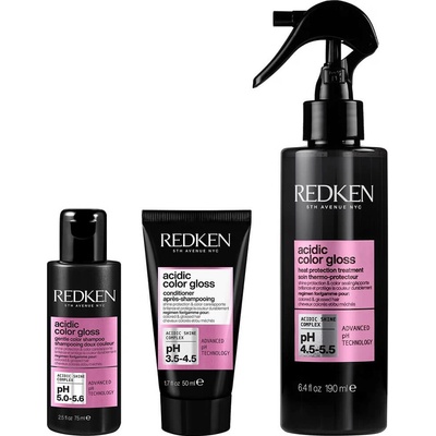 Redken Acidic Color Gloss šampón Acidic Color Gloss 75 ml + kondicionér Acidic Color Gloss 50 ml + ochranný sprej Acidic Color Gloss Heat Protection Treatment 190 ml