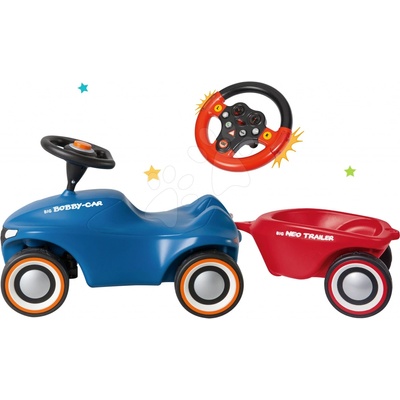 BIG Set Bobby Car Neo modré zvukové s 3vrstvými gumovými koly a s přívěsem a volant se zvukem a světlem