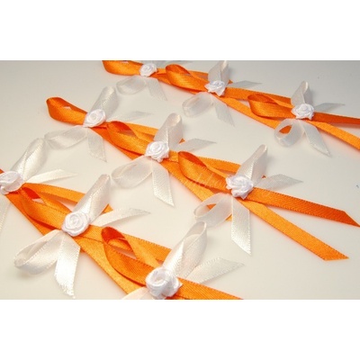 Svatební vývazky atlasové, s růžičkou - bílá, oranžová (1 ks)