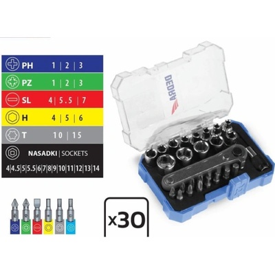 DEDRA sada bitů a hlavic 1/4", 30ks, ráčna, 18A11S030