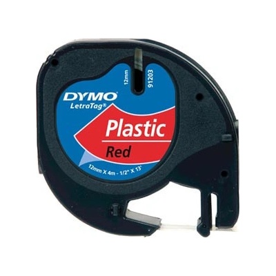 Dymo originál páska do tlačiarne štítkov, Dymo, 91203, S0721630, černý tlač/červený podklad, 4m, 12mm, LetraTag plastová páska