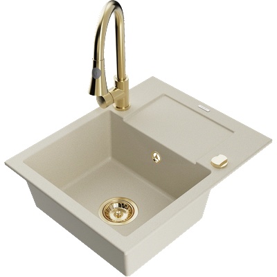 Mexen Enzo кухненска мивка от гранит с 1 гнездо и сушилник и кухненски смесител Elia, бежов - 6506-69-670101-50 (6506-69-670101-50)