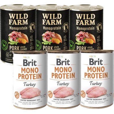 Brit Mono Protein morčacie 3 x 400 g + Wild Farm monoproteinové bravčové 3 x 400 g
